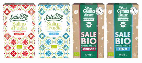 Astucci sale marino bio Gemma di Mare: fino e grosso, Salino di Puglia.