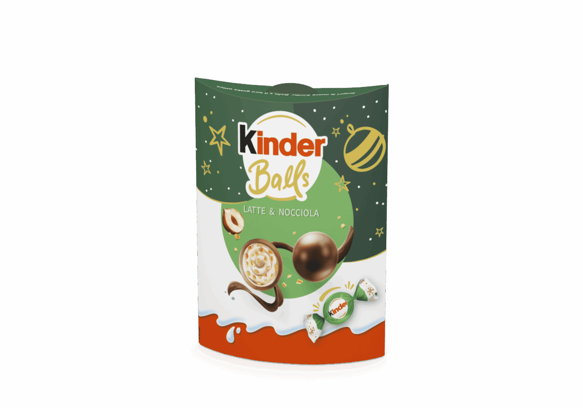Kinder Balls Natale: confezione di cioccolatini latte e nocciola Ferrero.