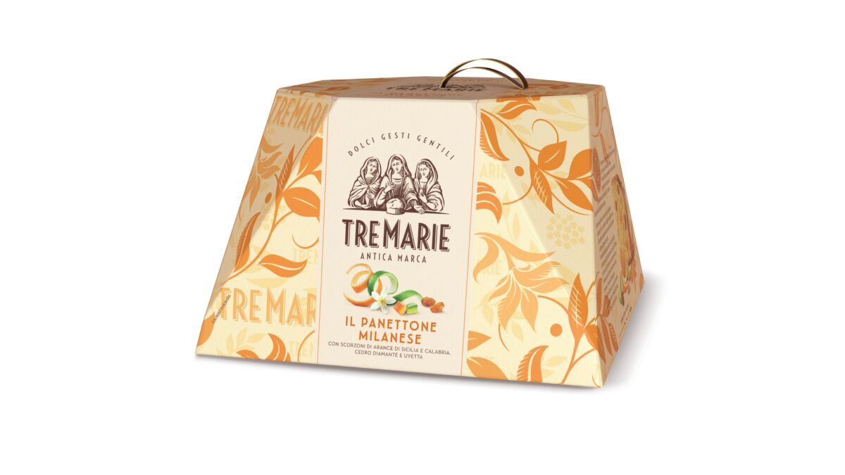 Confezione regalo panettone Tre Marie, dolce natalizio artigianale milanese.