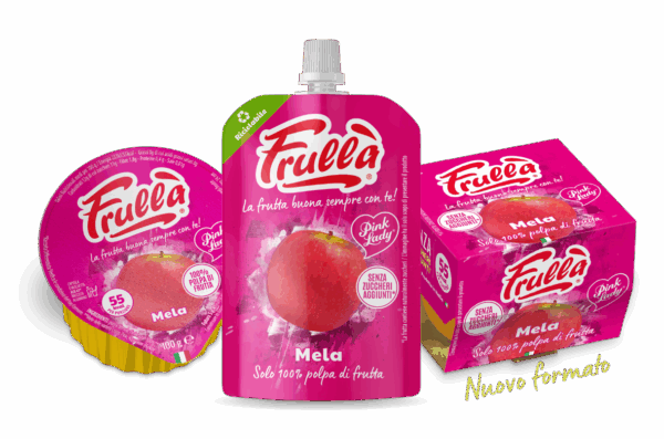 Frullà Pink Lady®: polpa di mela 100%, senza zuccheri aggiunti. Snack di frutta in diversi formati.