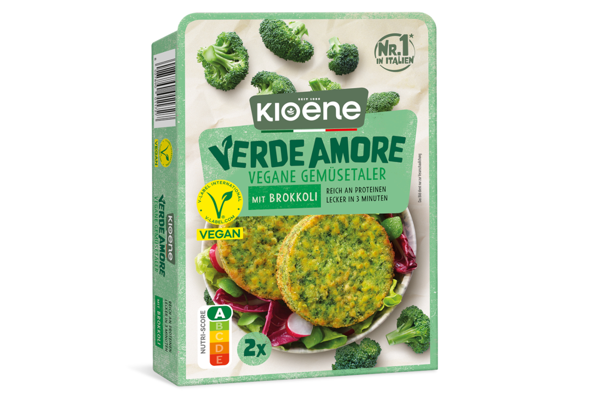 Kioene Verde Amore burger vegano ai broccoli. Alimento vegetale ricco di proteine, ideale per un pasto veloce e gustoso.