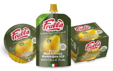 Frullà 100% polpa di pera dell'Emilia-Romagna IGP. Snack di frutta senza zuccheri aggiunti.