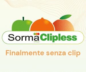 Banner pubblicitario Sorma Clipless: frutta fresca senza clip. Promozione alimentare.