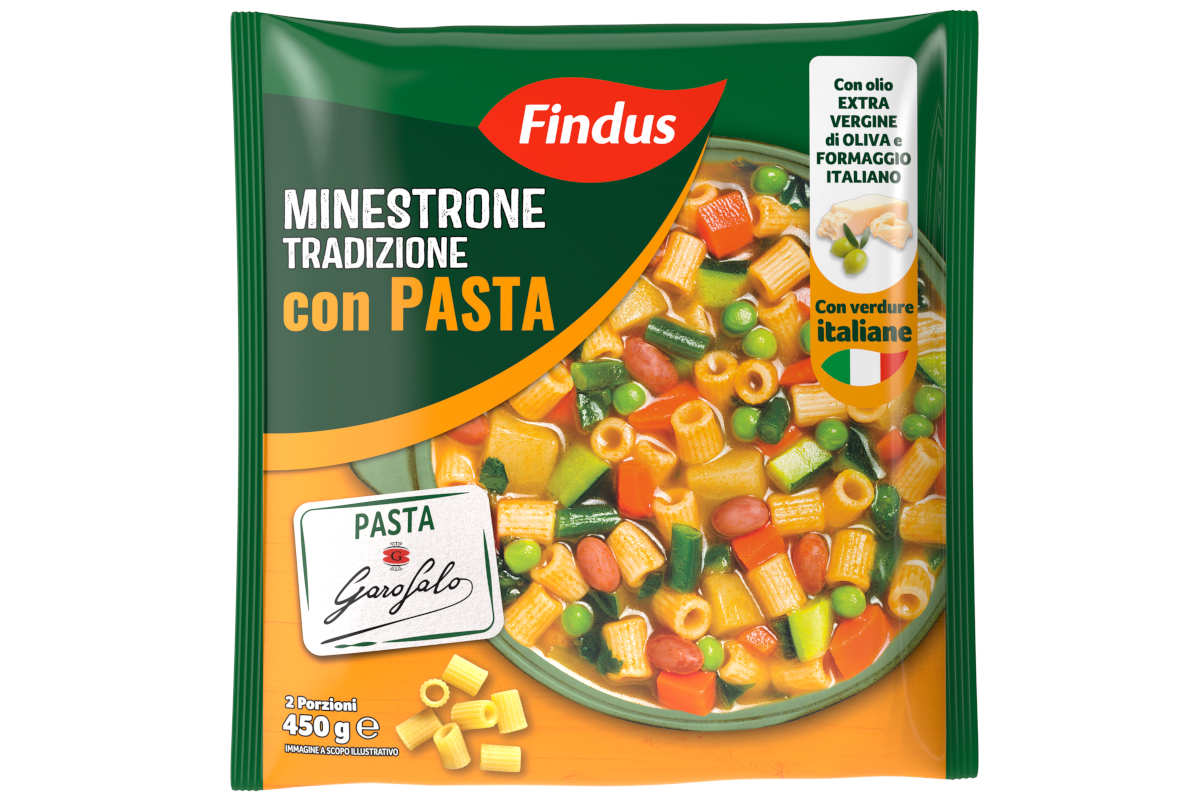 Confezione Findus Minestrone Tradizione con pasta Garofalo. Ricco di verdure italiane, olio extra vergine d'oliva e formaggio.