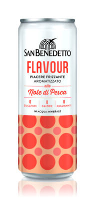 Lattina San Benedetto Flavour Pesca. Bevanda frizzante senza zuccheri, calorie e coloranti. Dissetante e gustosa.