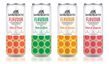 Lattine San Benedetto Flavour: pesca, lime, ananas, anguria. Bevanda frizzante aromatizzata.