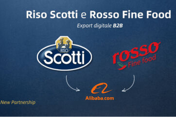 Infografica: Partnership Riso Scotti e Rosso Fine Food su Alibaba. Export digitale B2B per prodotti alimentari italiani.