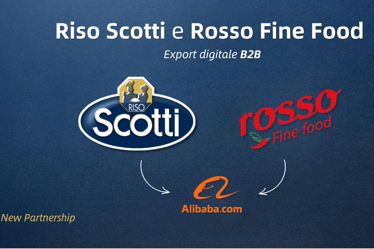 Infografica: Partnership Riso Scotti e Rosso Fine Food su Alibaba. Export digitale B2B per prodotti alimentari italiani.