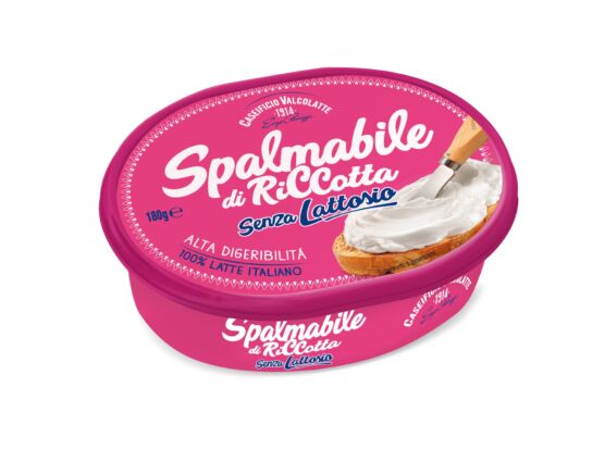 Spalmabile di Ricotta Senza Lattosio Valcolatte 180g. Formaggio spalmabile, alta digeribilità, 100% latte italiano.