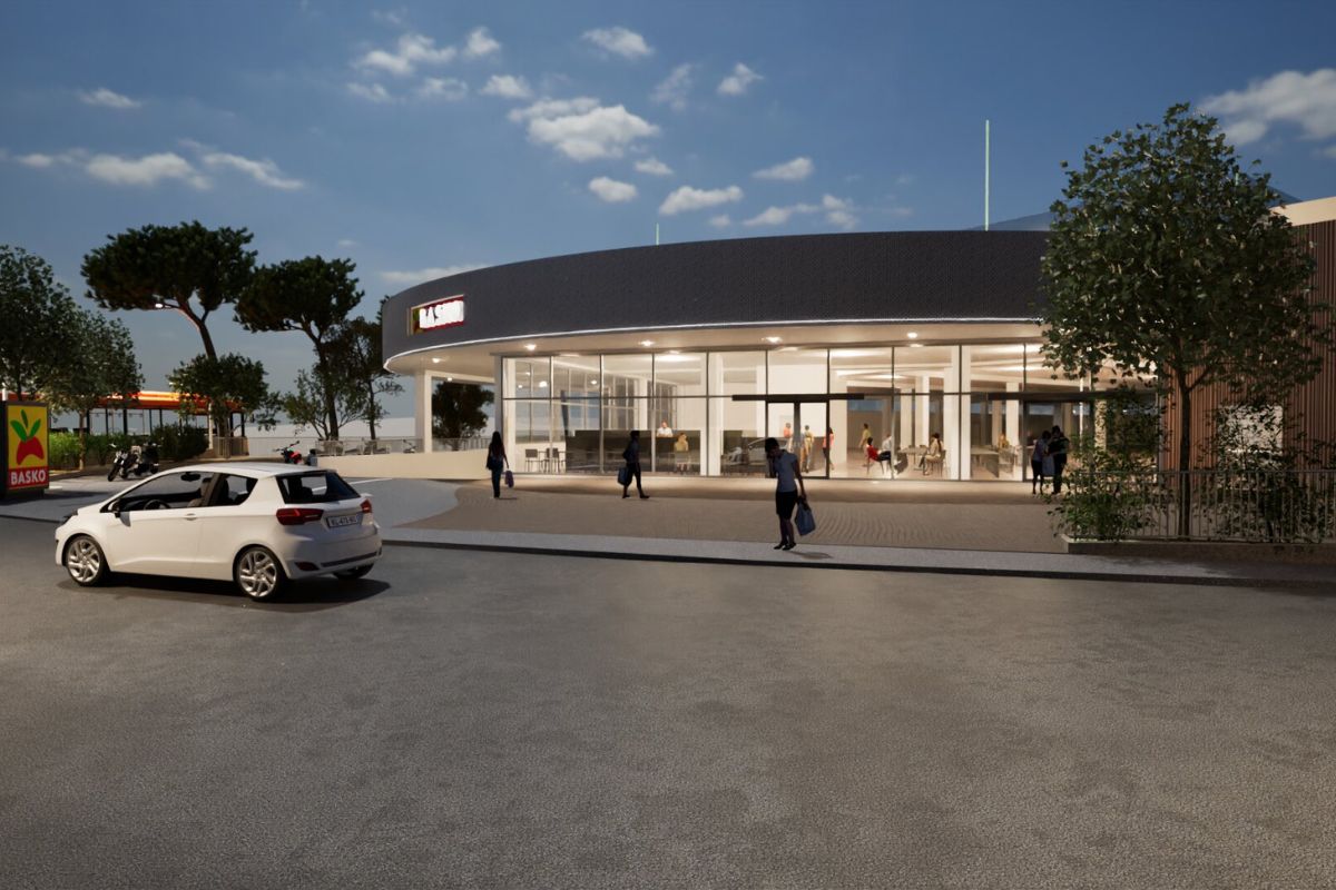 Rendering del nuovo supermercato Basko a Quarto, punto di riferimento per la comunità locale. Architettura moderna e accogliente.