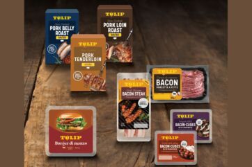 Assortimento di prodotti Tulip: bacon, pancetta, arrosto di maiale, burger di manzo.