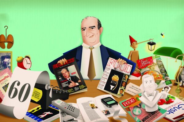 Illustrazione editoriale: uomo, riviste Food & Business, oggetti vintage. Ricominciamo da 35.