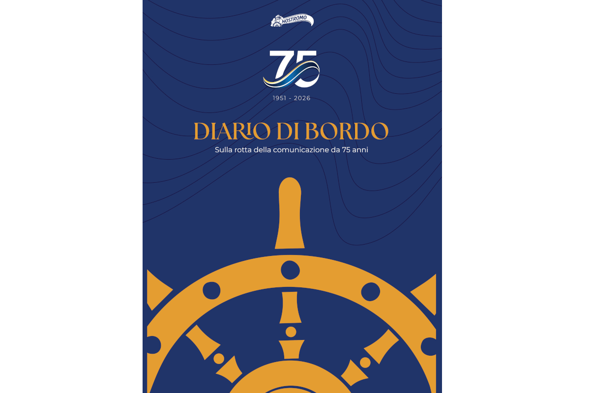Copertina libro Diario di Bordo Nostromo. Grafica blu con timone dorato. Anniversario 75 anni, comunicazione marittima.