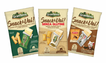Gamma Snack&Vai! GranTerre: snack con formaggio Asiago DOP, Grana Padano DOP senza glutine e Parmigiano Reggiano DOP.