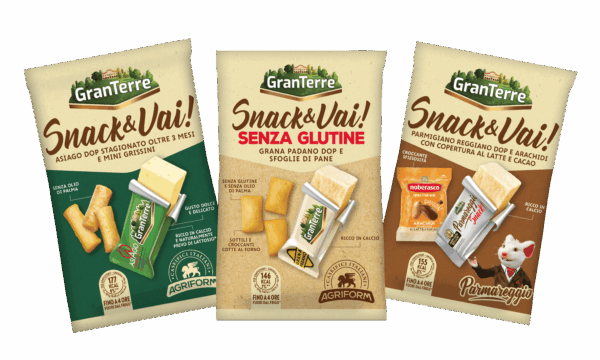Gamma Snack&Vai! GranTerre: snack con formaggio Asiago DOP, Grana Padano DOP senza glutine e Parmigiano Reggiano DOP.