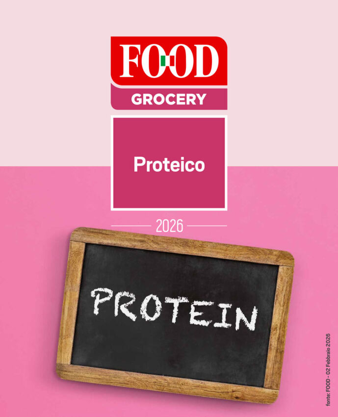 Cibo proteico: logo Food Grocery, scritta Proteico e lavagna con Protein. Alimenti ricchi di proteine.
