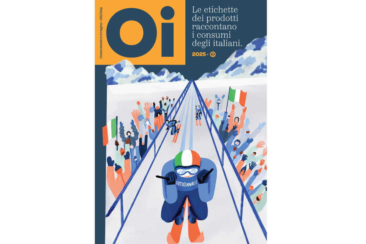 Copertina Osservatorio Immagino 2025: etichette prodotti e consumi italiani. Illustrazione con atleta e bandiere tricolore.