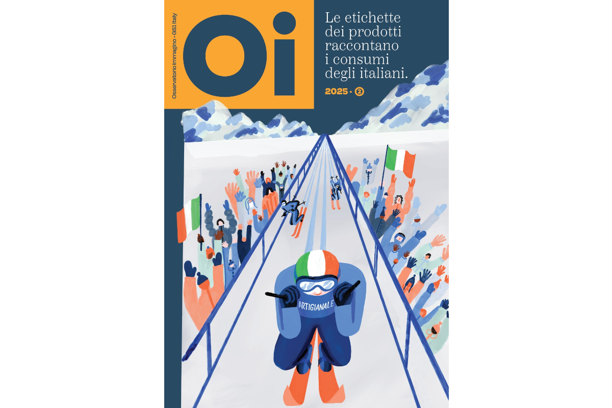 Copertina Osservatorio Immagino 2025: consumi italiani, etichette prodotti alimentari, bandiere tricolore, sport invernali.