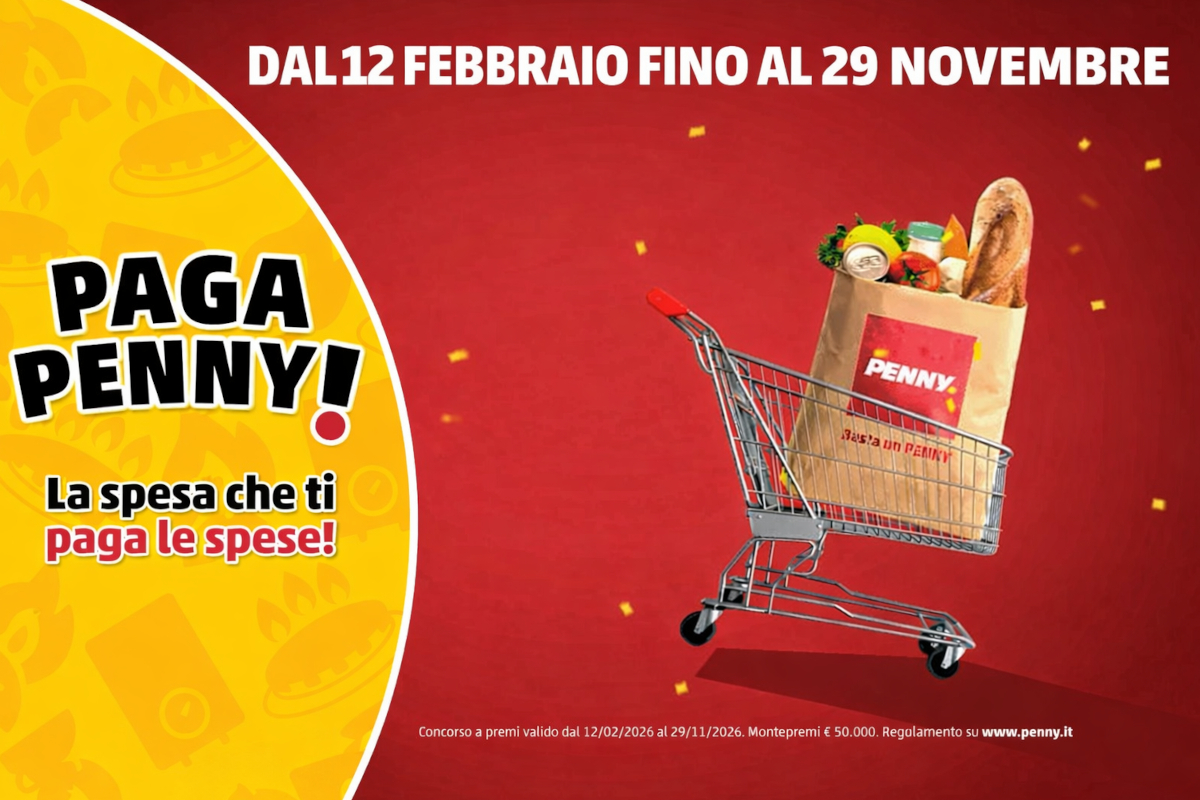 Volantino Paga Penny: spesa quotidiana premiata. Carrello pieno di prodotti alimentari.