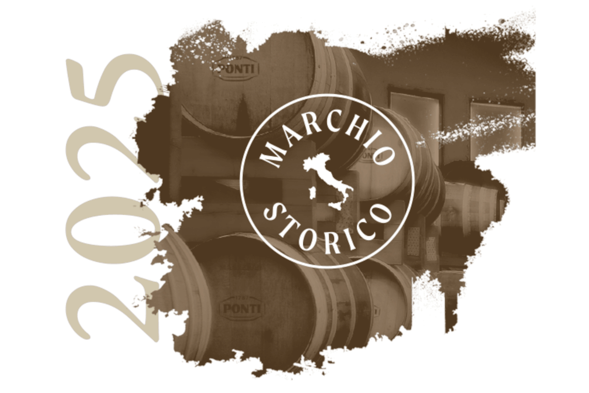 Logo Ponti Marchio Storico: botti di aceto e logo Marchio Storico con Italia.