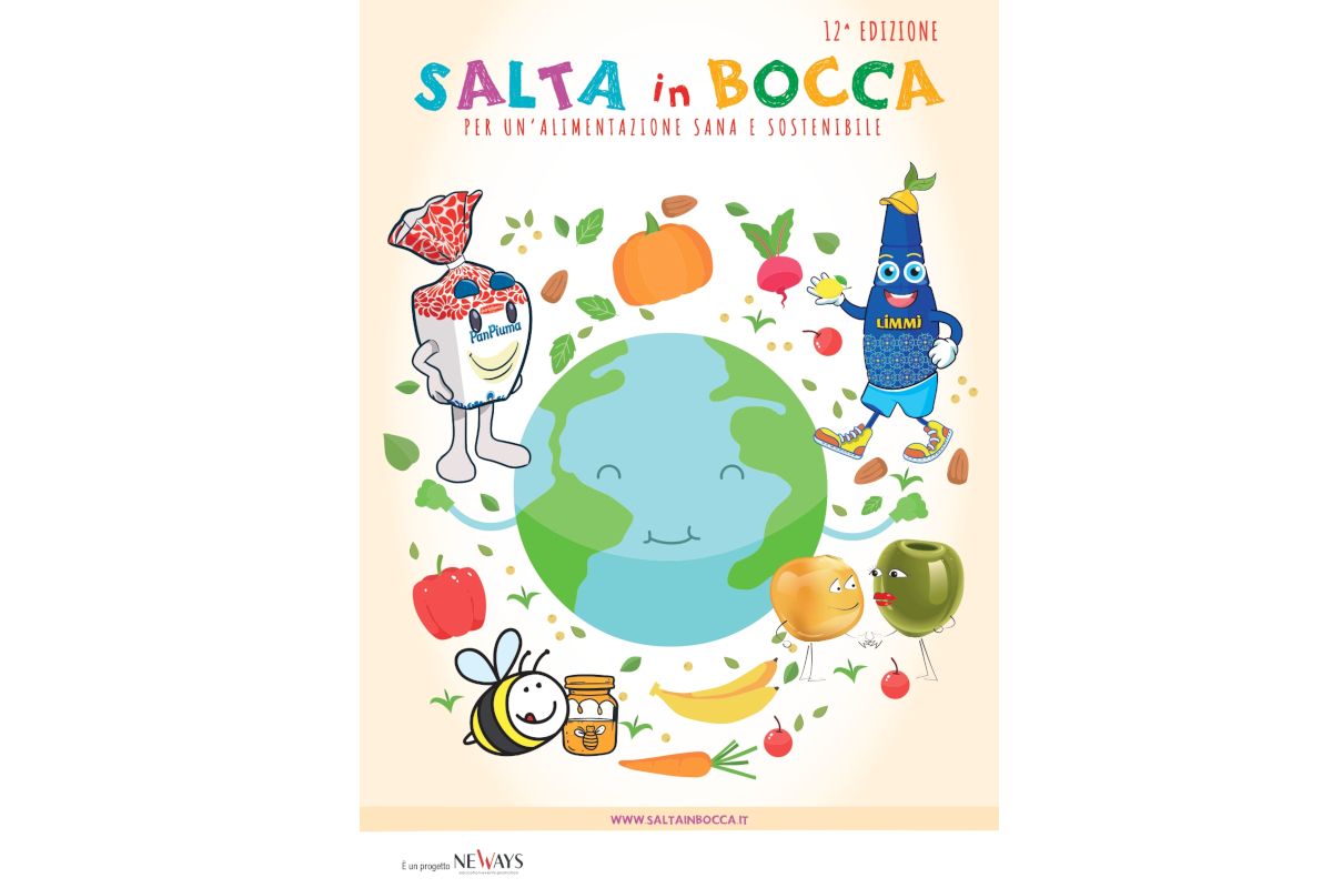 Copertina Salta in Bocca: alimentazione sana e sostenibile. Illustrazione con personaggi cibo, Terra sorridente, frutta e verdura - Madama Oliva