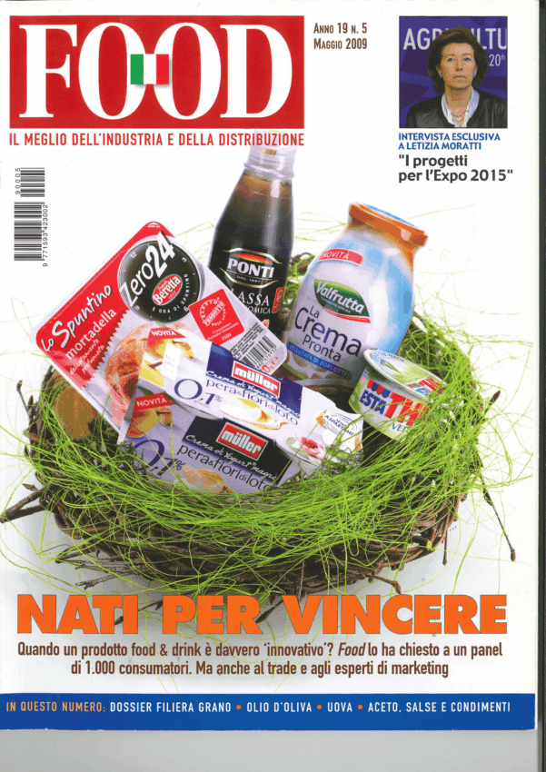 Copertina rivista Food: cibo futuro. Prodotti alimentari italiani in un cesto, con intervista a Letizia Moratti per Expo 2015.