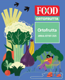 Copertina Relazione Annuale Ortofrutta 2026. Illustrazione con verdure fresche: cavolfiore, broccoli, carote. Promozione prodotti ortofrutticoli.
