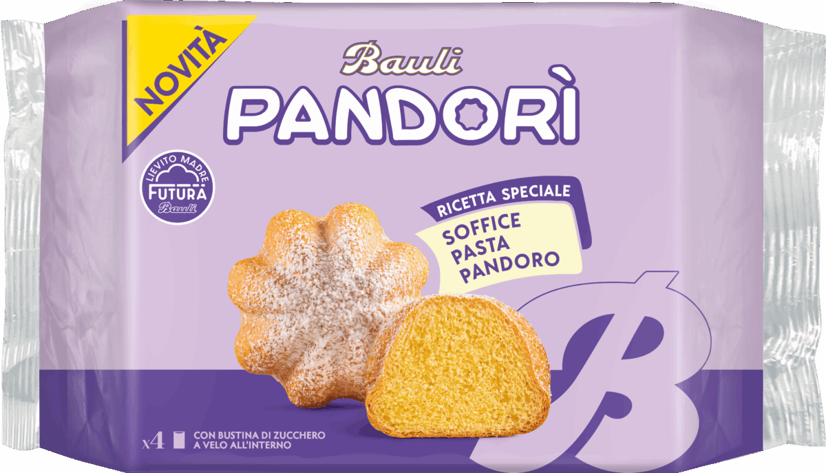 Confezione Pandoro Bauli. Soffice pasta pandoro, ricetta speciale. Novità Bauli, ideale per la colazione.