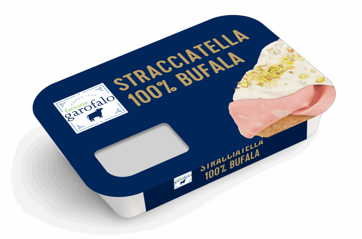 Confezione di stracciatella di bufala Garofalo. Prodotto caseario italiano, vincitore premio Miglior Prodotto 2026.