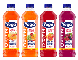 Bottiglie Yoga ZERO: ACE, Multifrutta, Arancia Mix, Frutti Rossi. Bevande senza zuccheri aggiunti, formato 1500 ml.