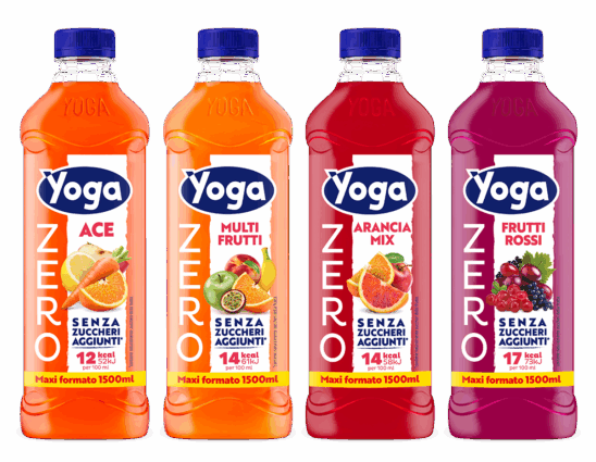 Bottiglie Yoga ZERO: ACE, Multifrutta, Arancia Mix, Frutti Rossi. Bevande senza zuccheri aggiunti, formato 1500 ml.