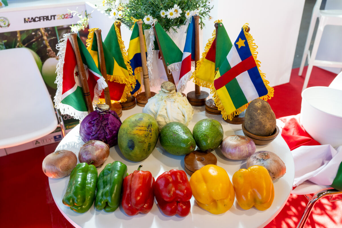 Macfrut 2026: Esposizione di frutta e verdura con bandiere nazionali. Peperoni, avocado e altri prodotti freschi.