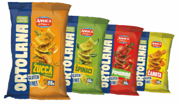 Snack Ortolana Amica Chips: patatine con verdure, zucca, carote, pomodoro e spinaci. Gluten free.