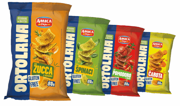 Snack Ortolana Amica Chips: patatine con verdure, zucca, carote, pomodoro e spinaci. Gluten free.