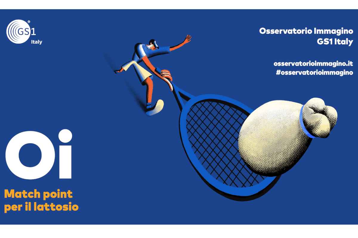 Osservatorio Immagino GS1 Italy: illustrazione free-from, lattosio. Tennista, racchetta e mozzarella. free-from