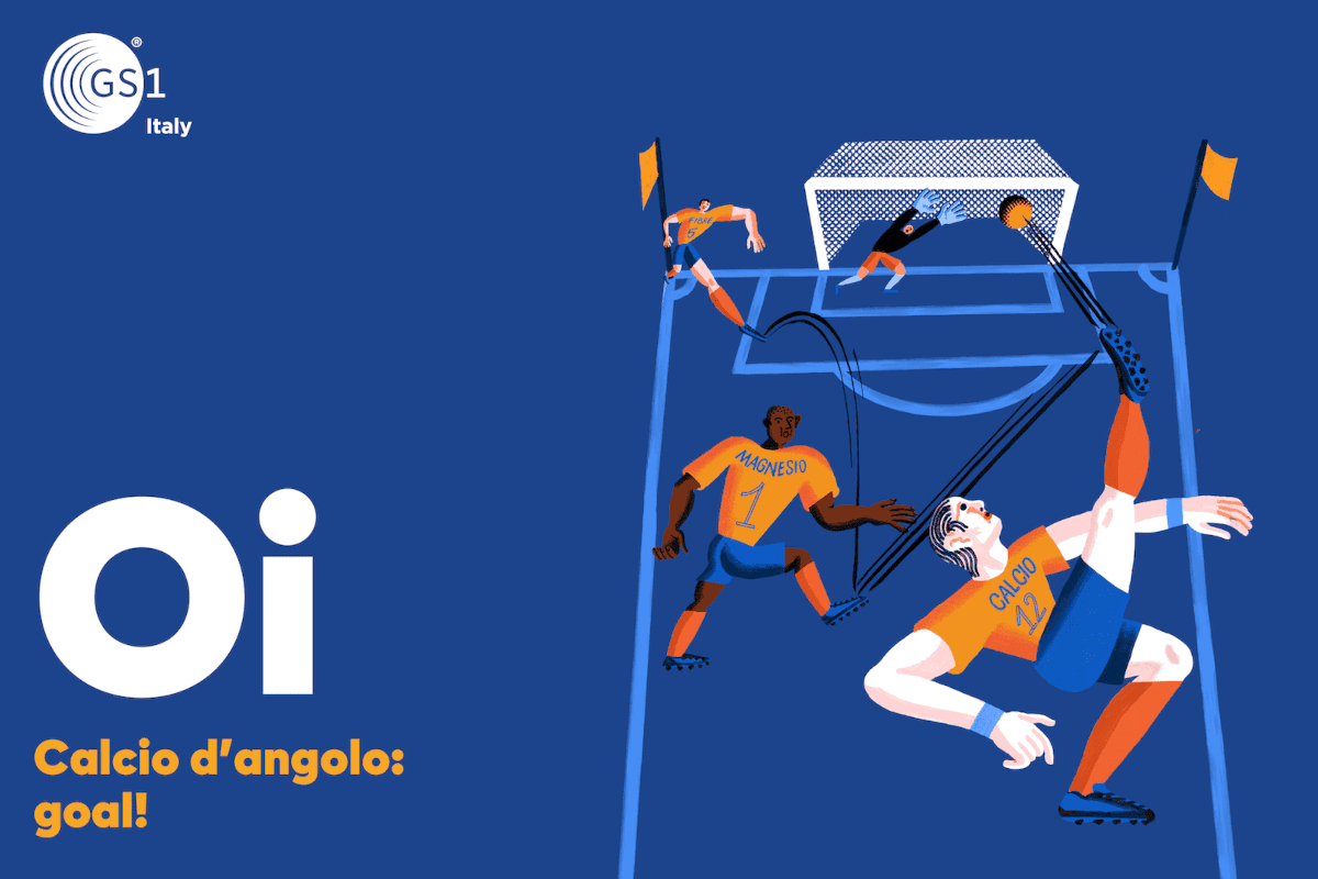 Calcio d'angolo: goal! Illustrazione di una partita di calcio. GS1 Italy. free-from
