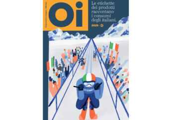 Copertina Osservatorio Immagino 2025: consumi italiani, etichette prodotti. Atleta con bandiera italiana e folla festante.