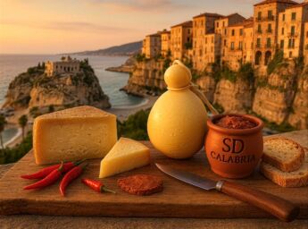 Sapori di Calabria: formaggi tipici, 'nduja e peperoncino calabrese su tagliere con vista mare. #Calabria #Temu #ciboitaliano