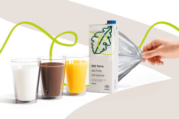 Packaging sostenibile SIG Terra: cartone asettico senza alluminio. Bicchieri con latte, cioccolato e succo d'arancia.