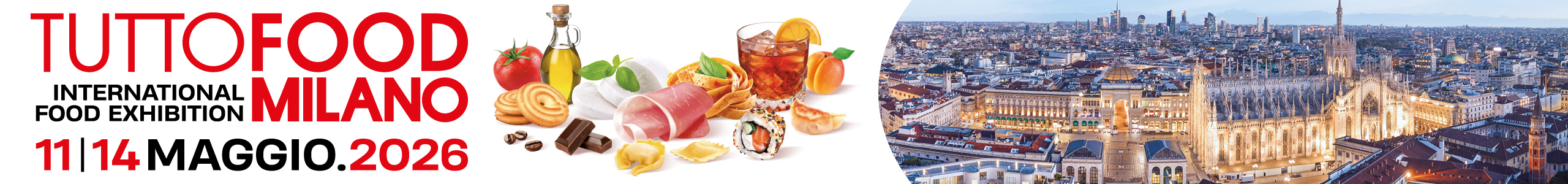 Banner TuttoFood Milano 2026: fiera internazionale FOOD. Prodotti alimentari italiani e vista di Milano.