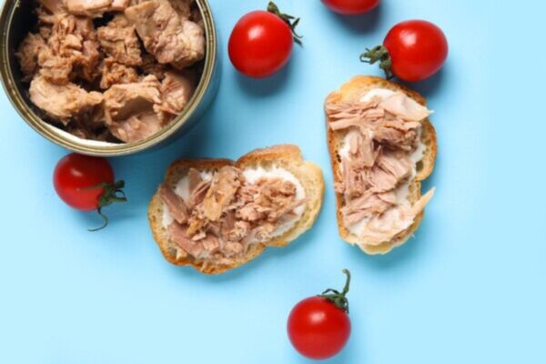 Tonno in scatola con pomodorini e pane. Snack con tonno sott'olio.