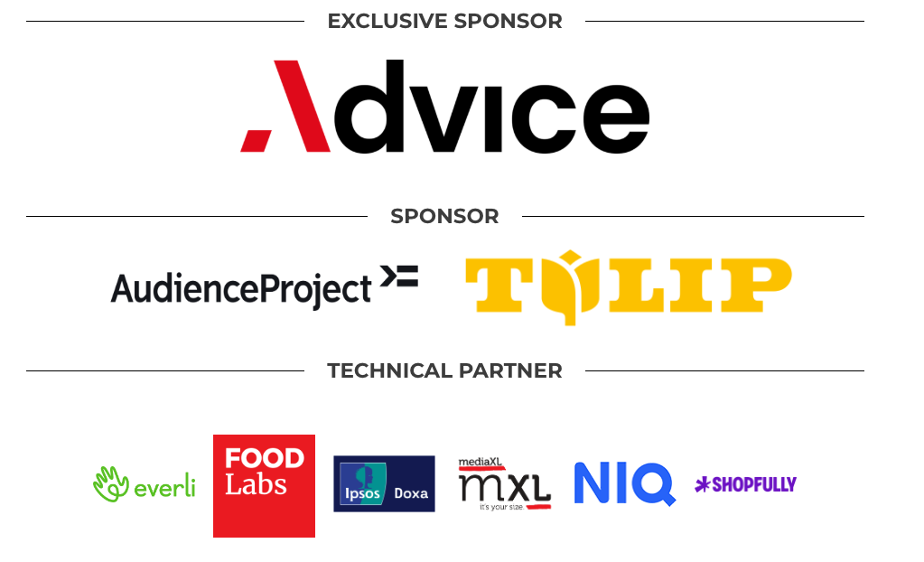 Sponsor evento: Advice, AudienceProject, Tulip, Everli, Food Labs, Ipsos Doxa, MediaXL, MXL, NIQ, Shopfully.