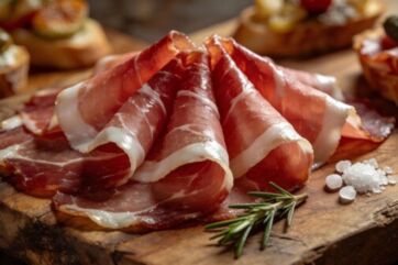 Prosciutto crudo artigianale su tagliere di legno con rosmarino e sale. Salume tipico italiano.