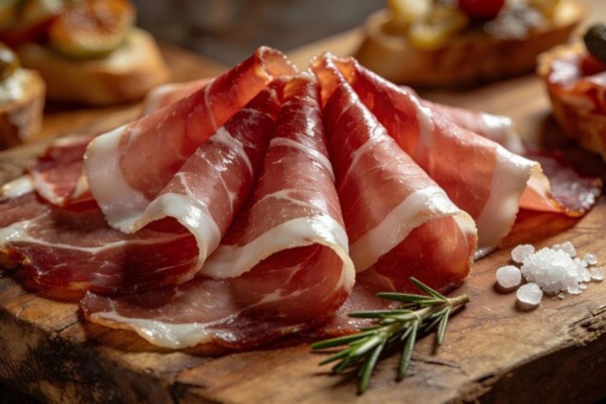 Prosciutto crudo artigianale su tagliere di legno con rosmarino e sale. Salume tipico italiano.