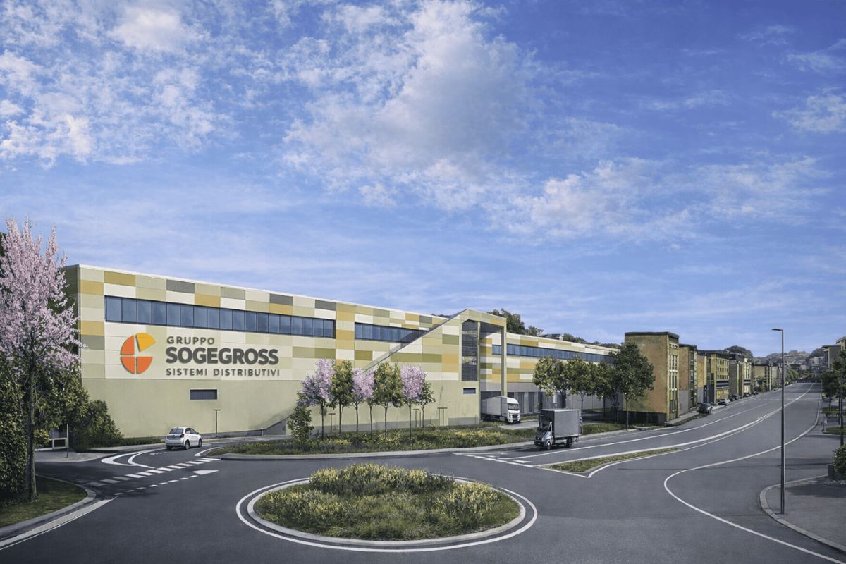 Nuovo hub logistico Sogegross Trasta. Design moderno, logistica all'avanguardia, sistemi distributivi innovativi.