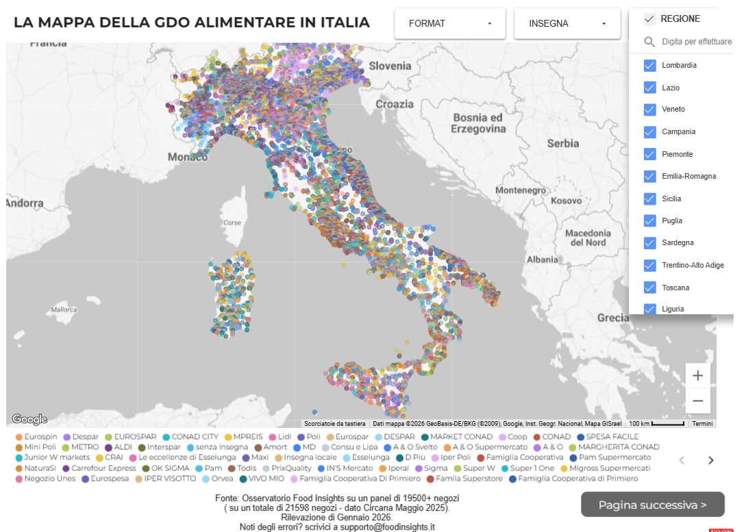Mappa interattiva GDO alimentare in Italia. Distribuzione geografica dei supermercati e insegne. Food Insights.