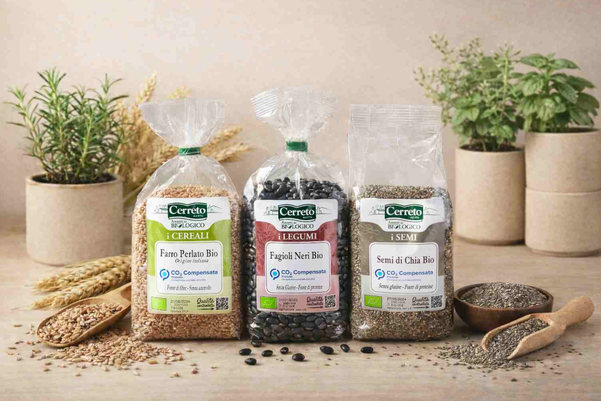 Cerreto Bio: farro perlato, fagioli neri e semi di chia. Cereali e legumi biologici italiani.