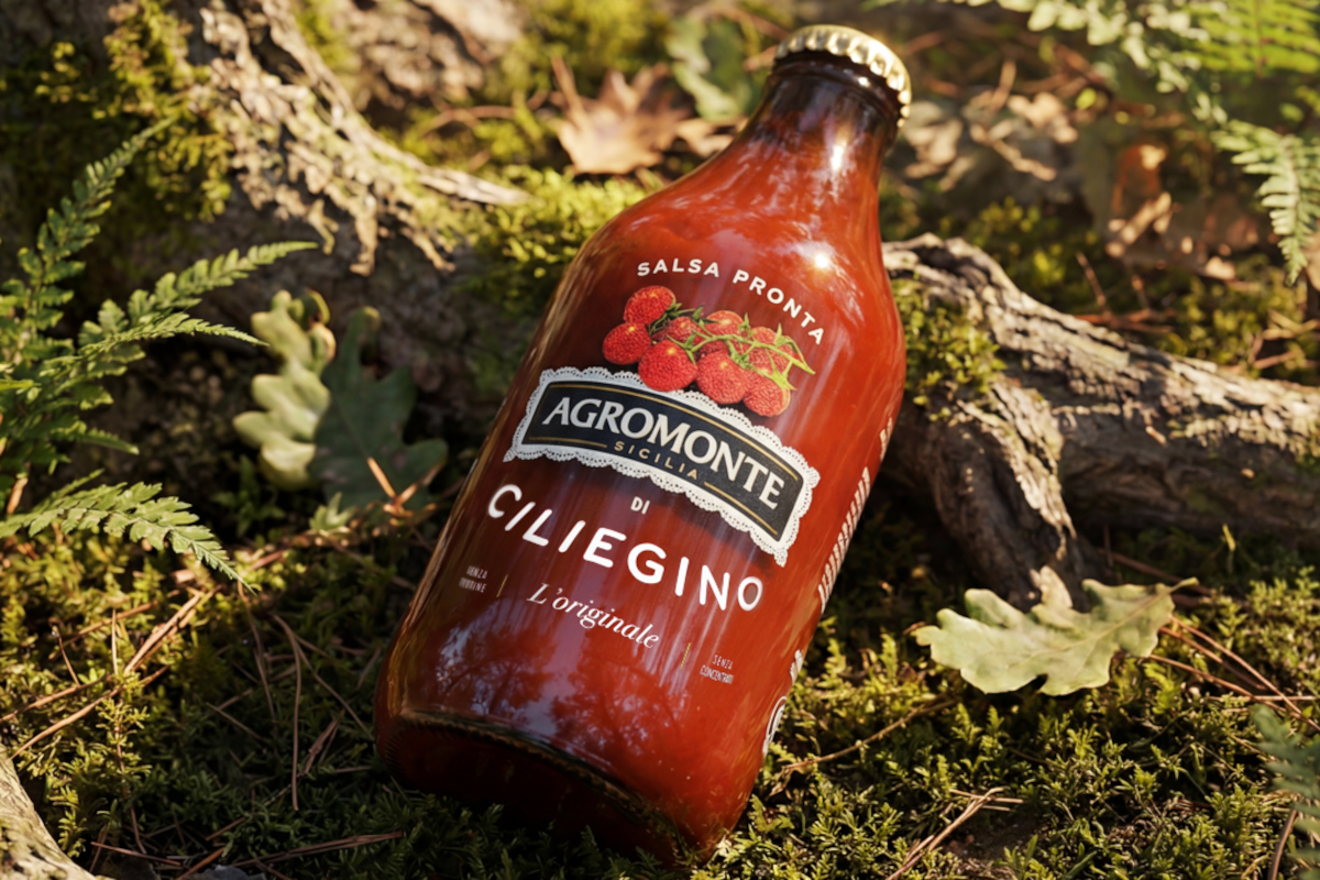 Bottiglia di salsa pronta Agromonte di ciliegino siciliano. Etichetta ambientale.