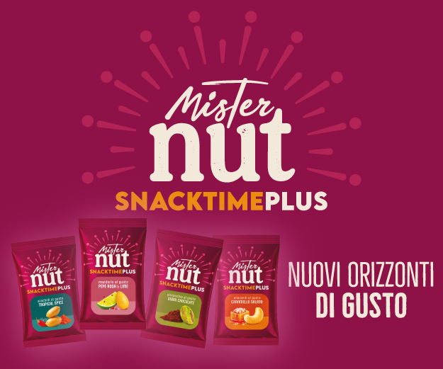 Banner Mister Nut Snacktime Plus. Nuovi gusti snack salati e dolci.