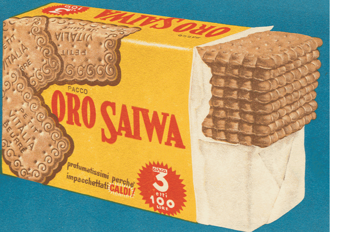Confezione storica Oro Saiwa. Biscotti Petit Vitalia. 70 anni di gusto e tradizione italiana.